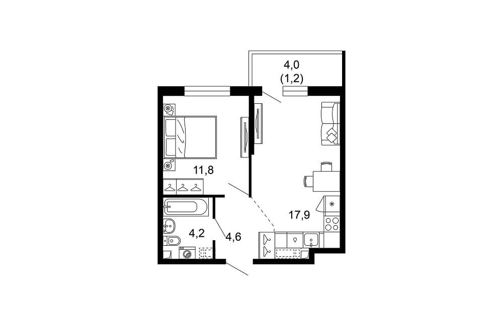 Планировка однокомнатной квартиры 39,7 м² в ЖК Лестория