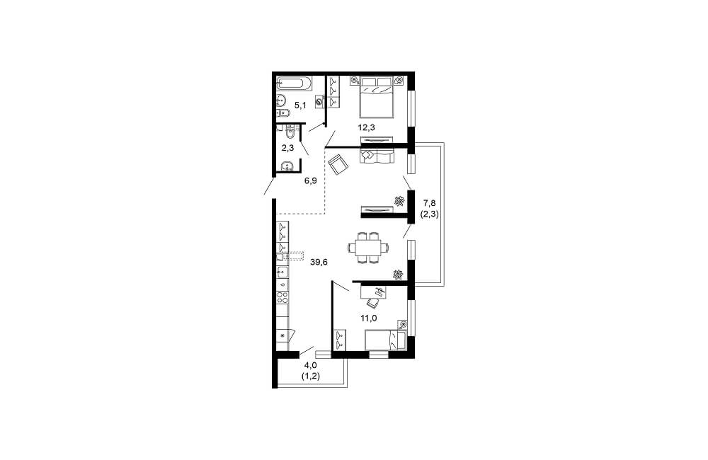 Планировка трёхкомнатной квартиры 80,7 м² в ЖК Лестория