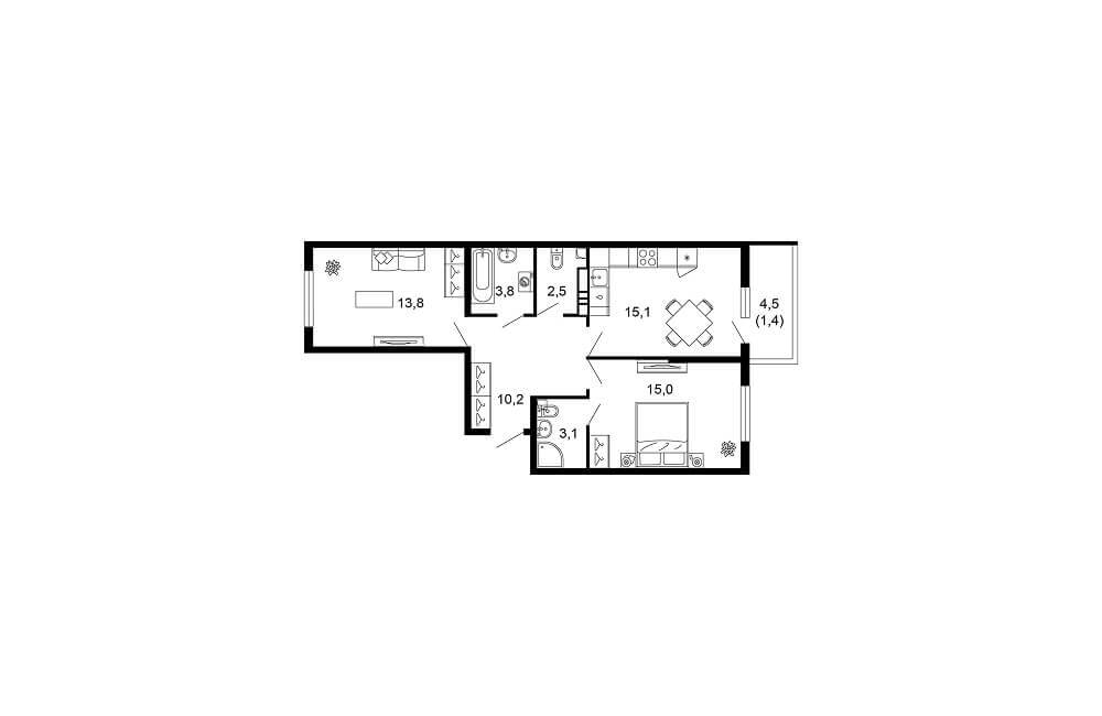 Планировка двухкомнатной квартиры 64,9 м² в ЖК Лестория
